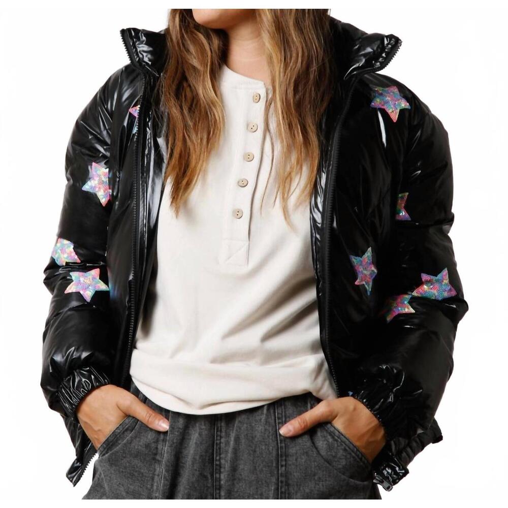 NEW FANTASTIC FAWN sequin star puffer jacket in black